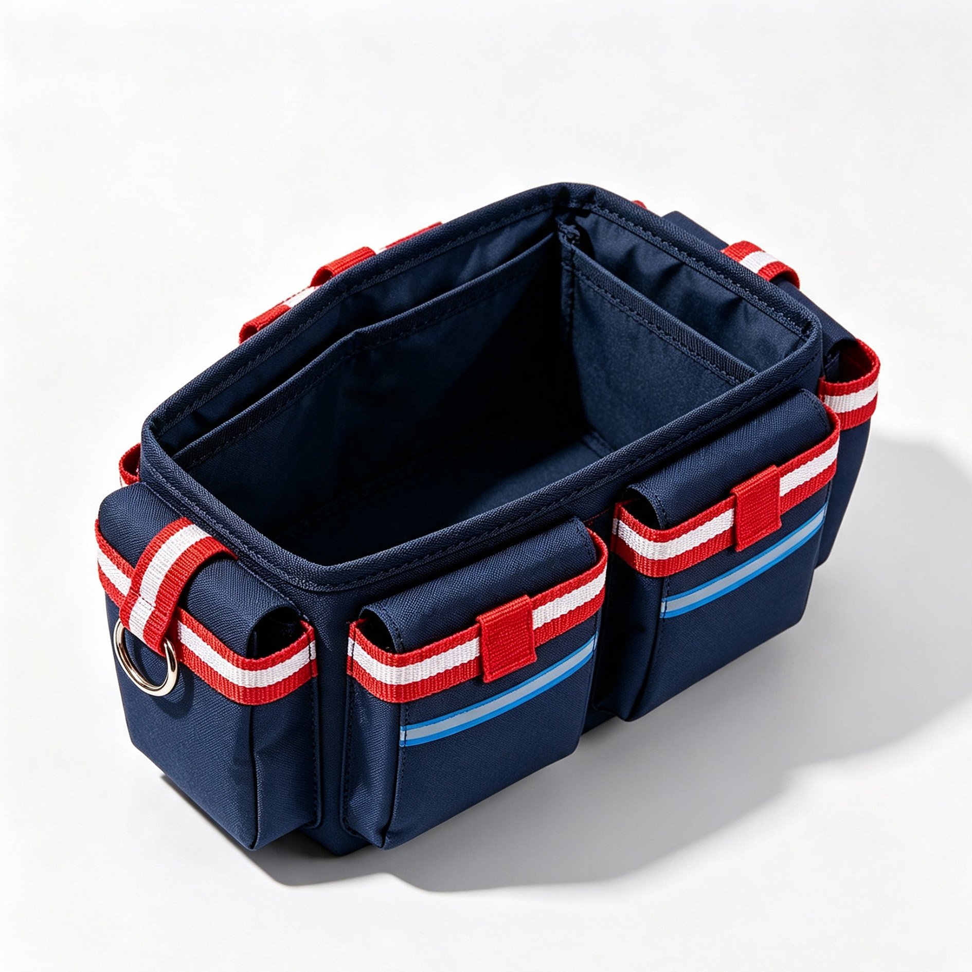 Red and white ribbon storage bag front view