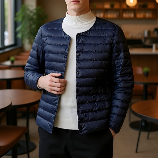 세계일주 남성 겨울 오리털 바람막이 경량 패딩 라운드+브이넥 이중 칼라 디자인 보온방한 자켓