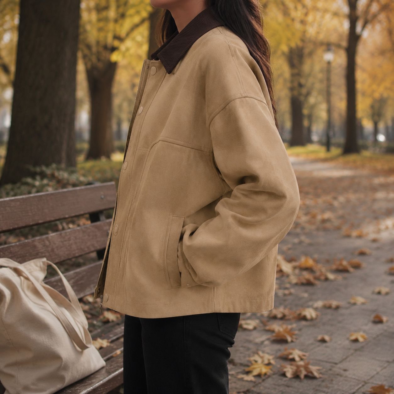 Chaqueta corta de otoño para mujer de ante en colores caramelo con botones
