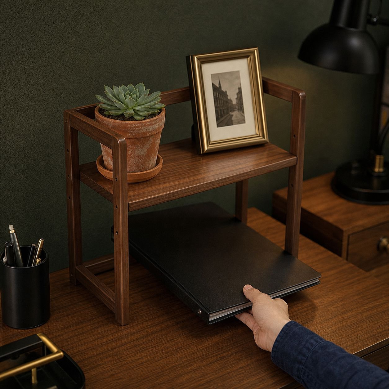 Wooden desktop shelf with flexible storage