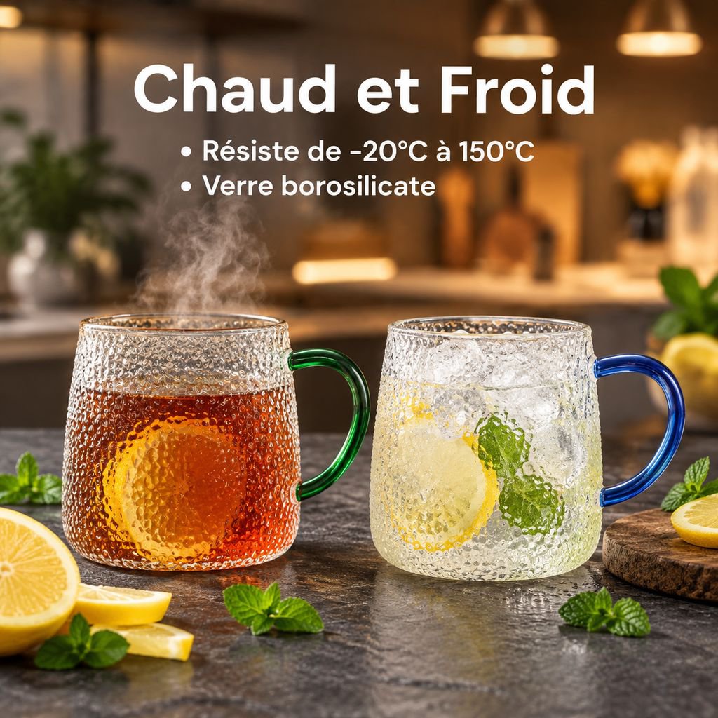 Tasse en Verre Borosilicate Martelé avec Anse Grande Capacité
