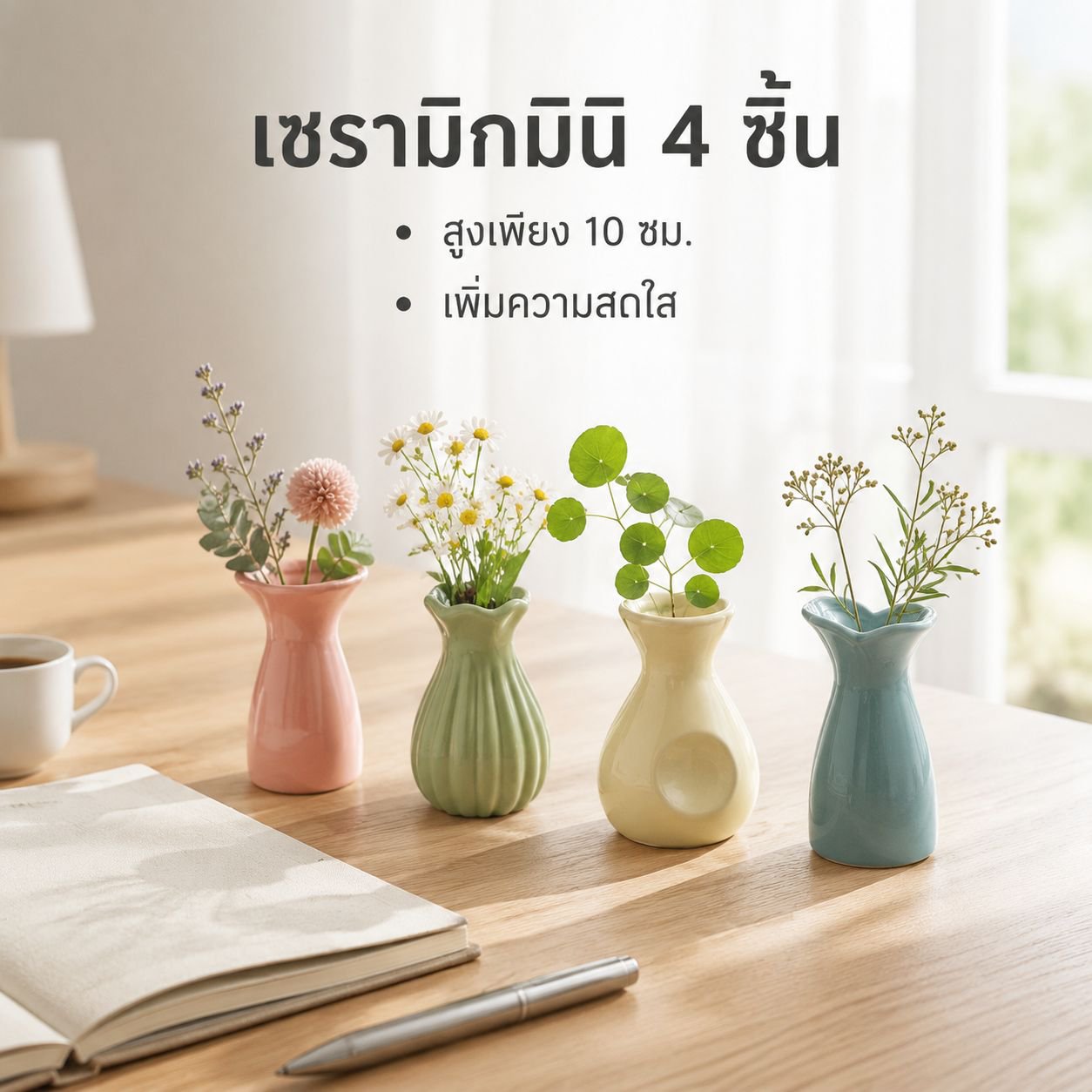 แจกันเซรามิกมินิพร้อมดอกไม้ปลอมสำหรับตกแต่งบ้าน