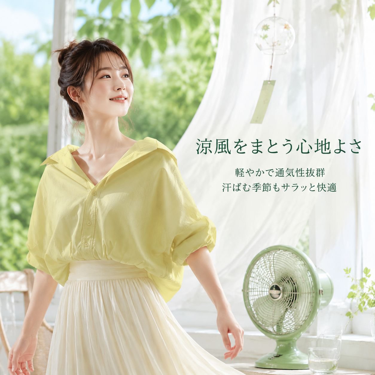 夏のドーパミン風グリーン半袖シャツ レディース 小柄向け可愛いショート丈シャツ