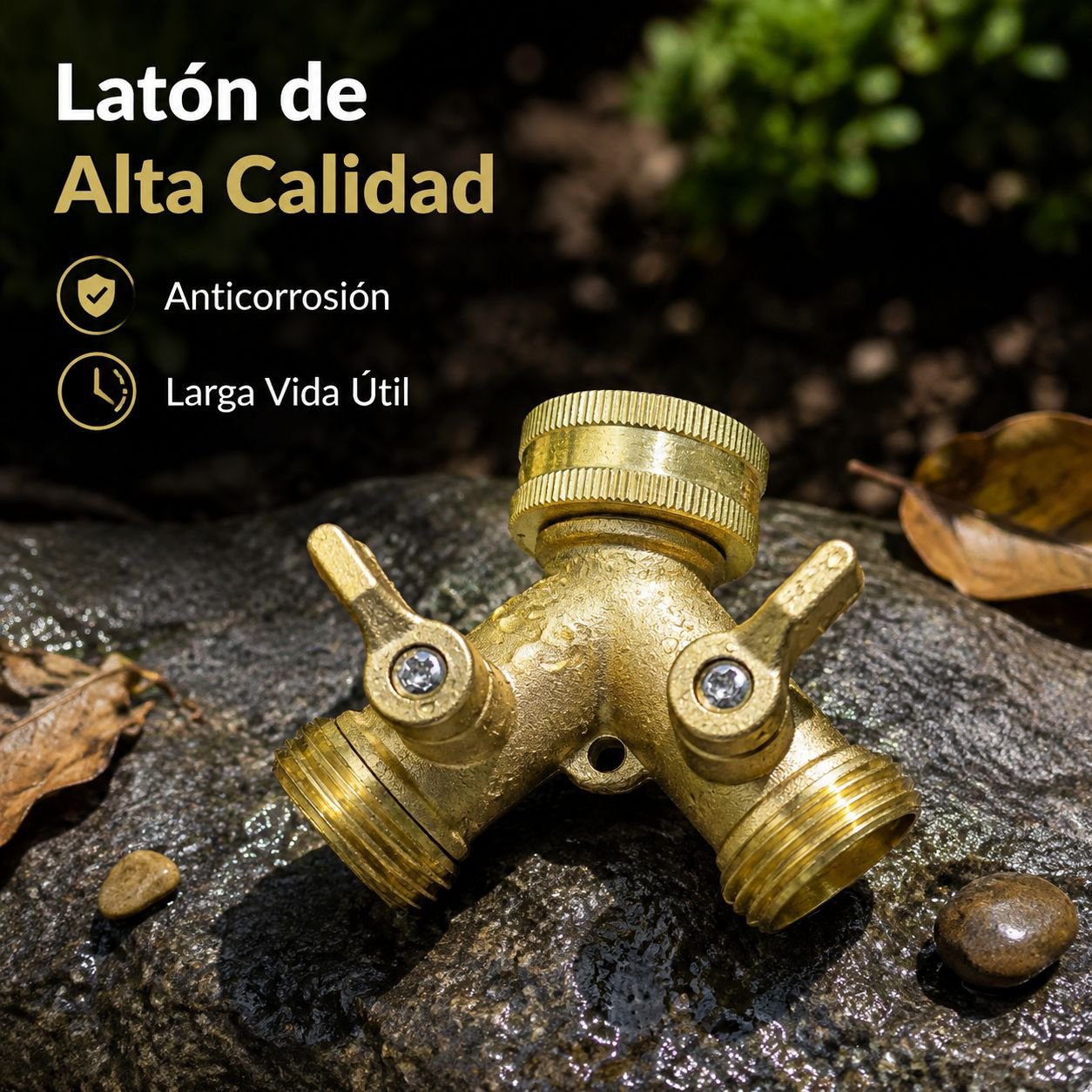 Distribuidor bidireccional tipo Y de latón con dos válvulas independientes para grifos.