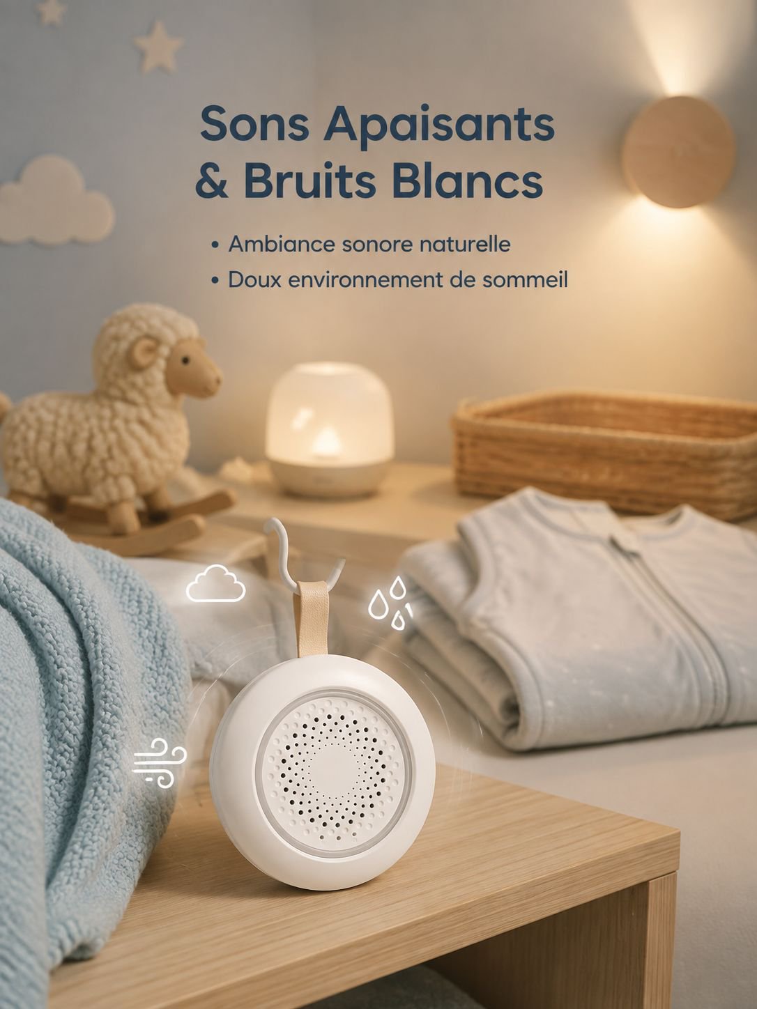 Boîte à musique apaisante pour bébé, détection des pleurs, générateur de bruit blanc