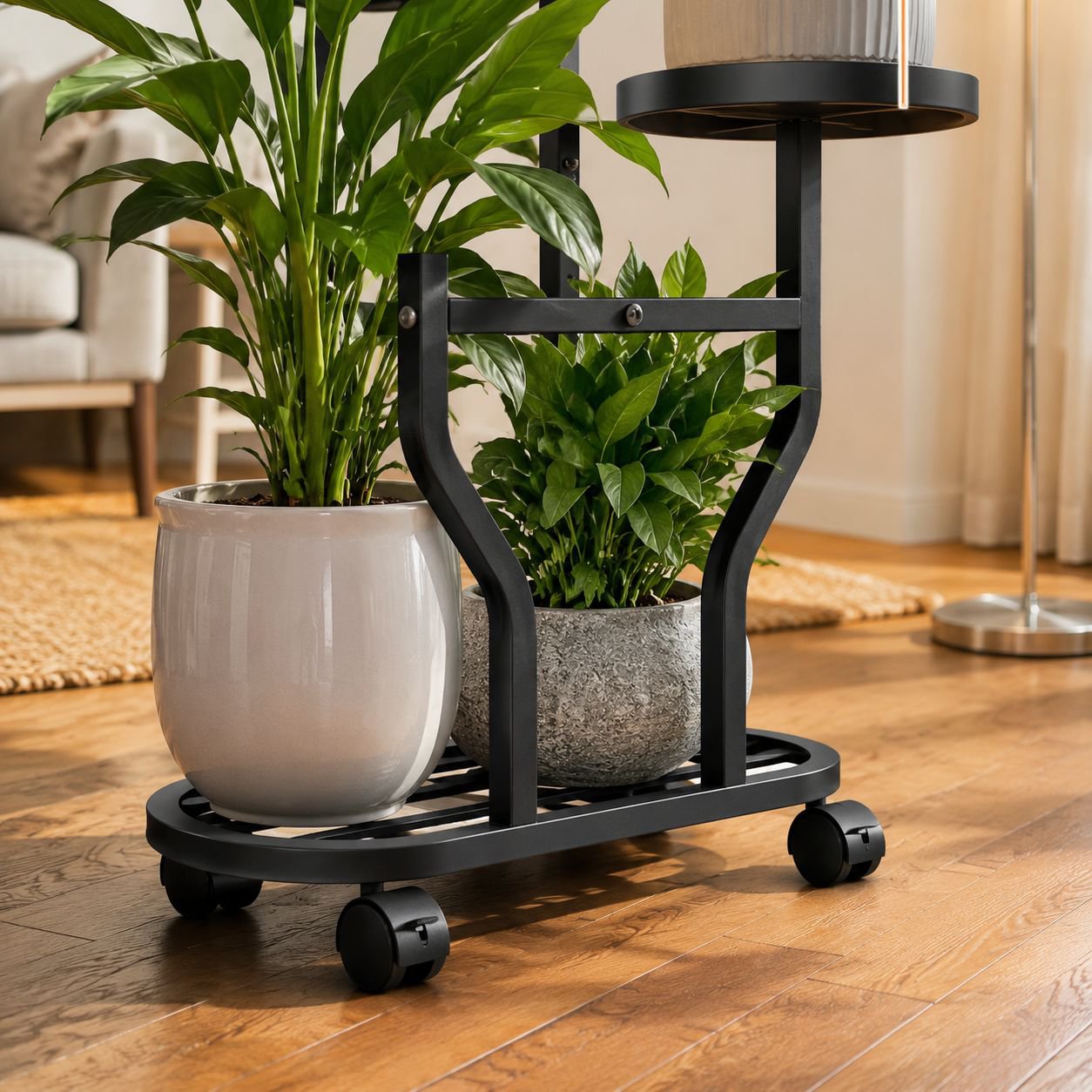Sturdy wrought iron plant holder with easy mobility
