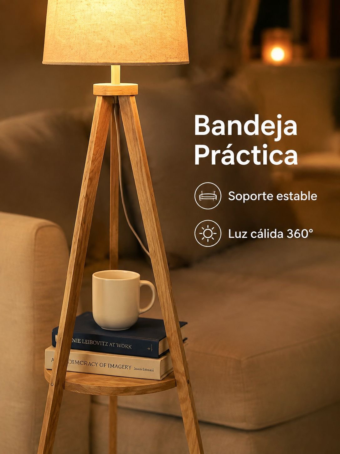 Lámpara de pie de salón con trípode de madera maciza