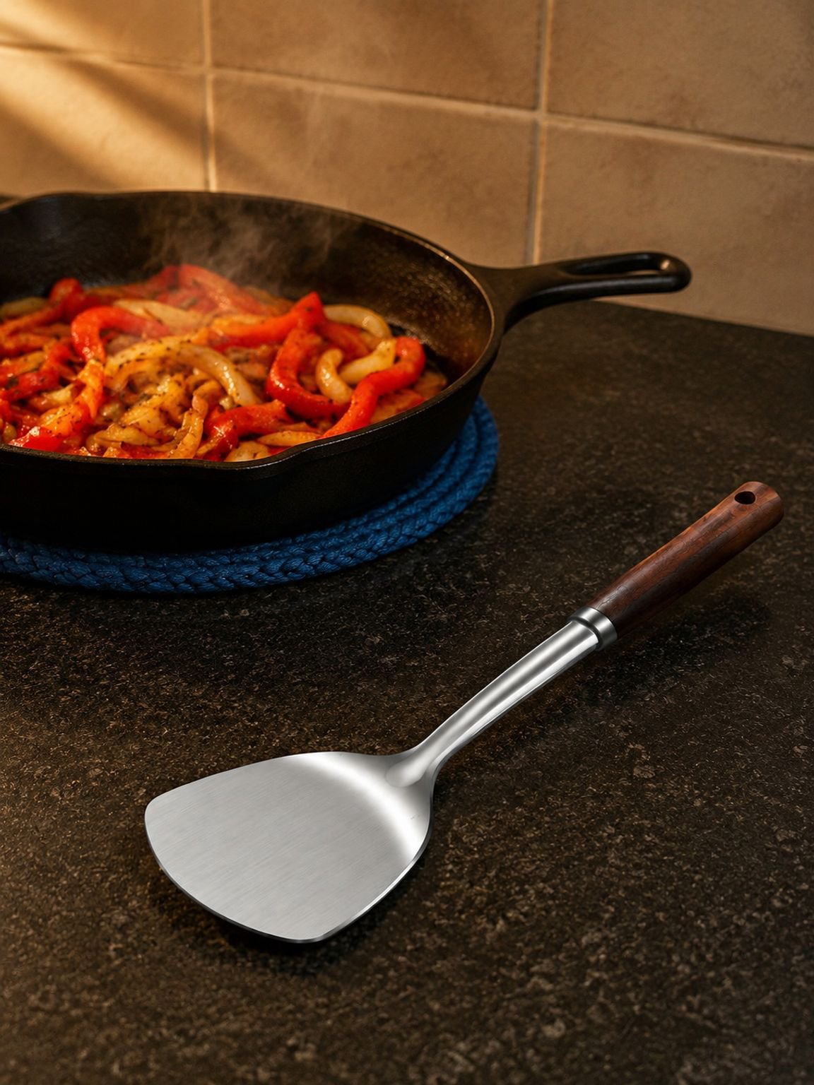 Espátula de acero inoxidable engrosada para cocinar.