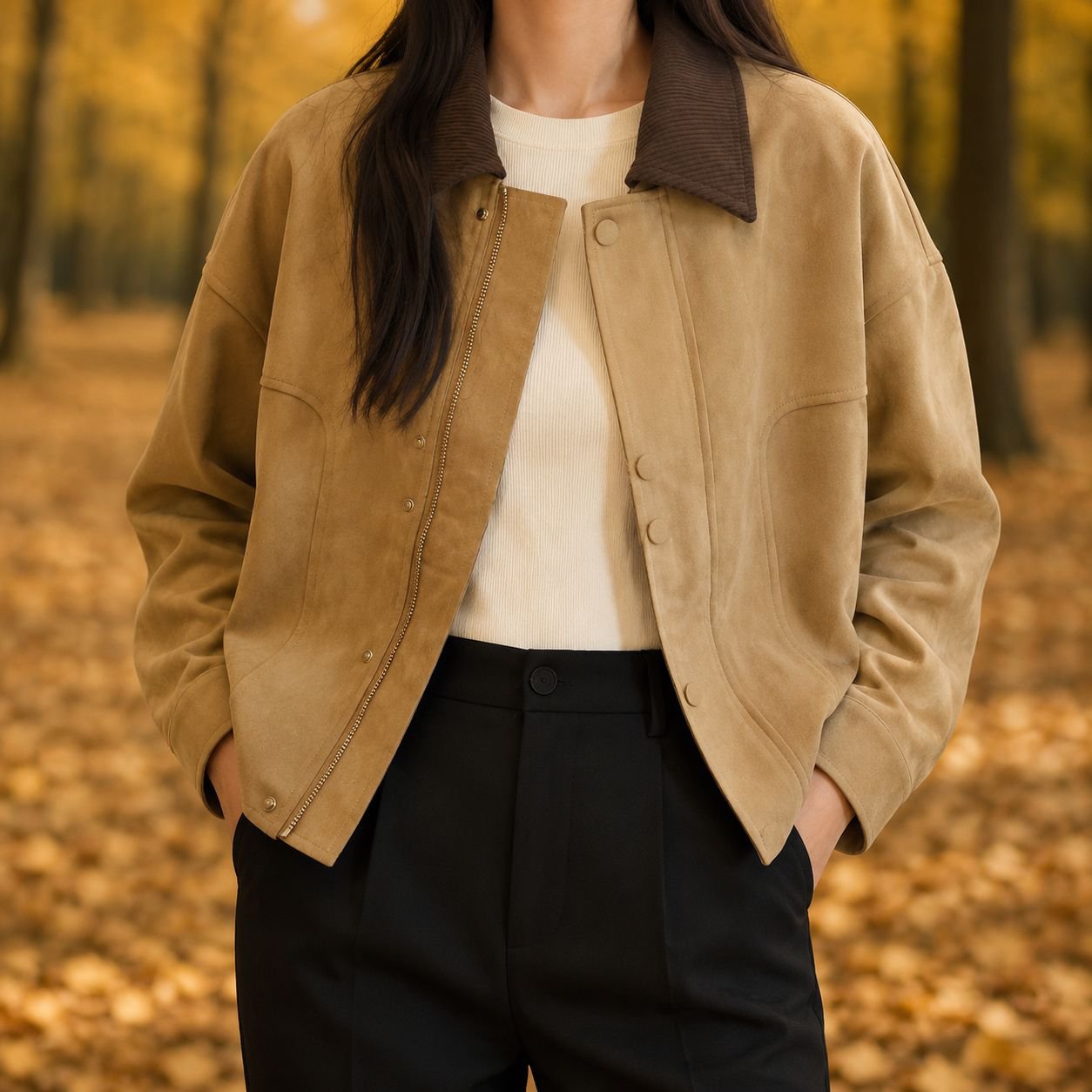 Moda femenina otoño 2024 chaqueta corta de ante