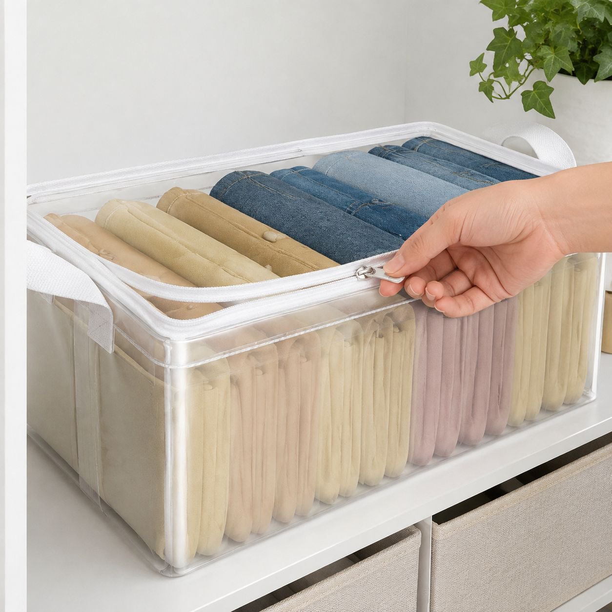 Durable clothing organizer with clear sides and sturdy handles