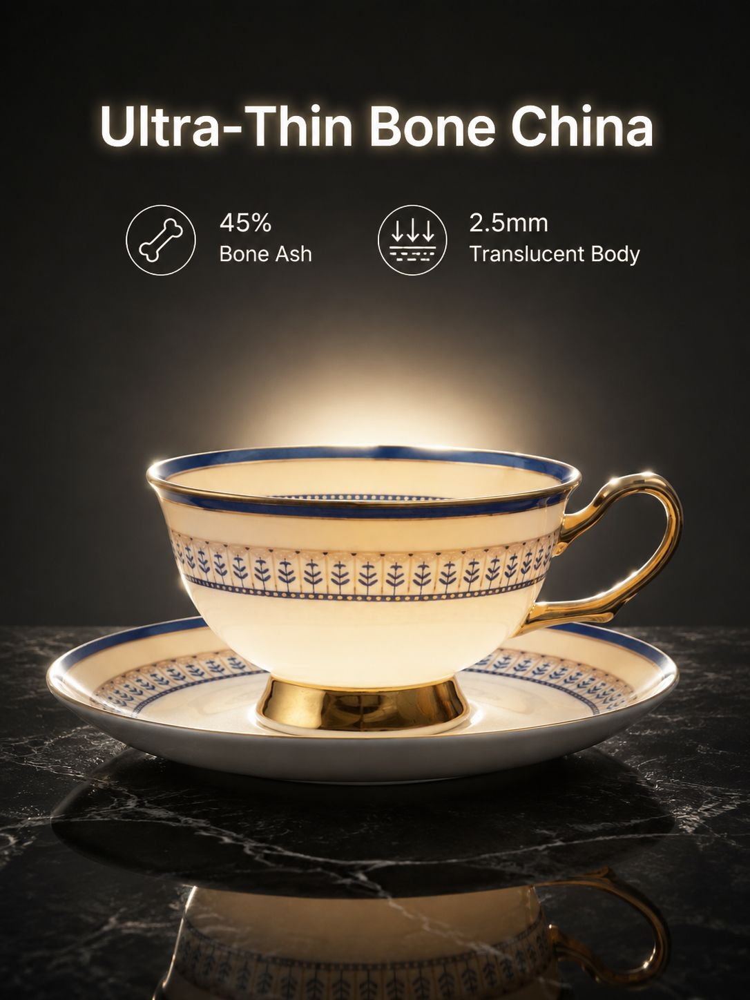 Golden edged bone china tea cup and saucer set