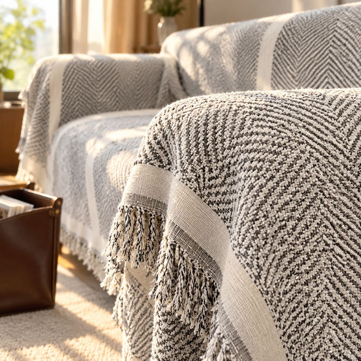 Black and white chenille sofa cover, anti-slip, cat scratch-proof