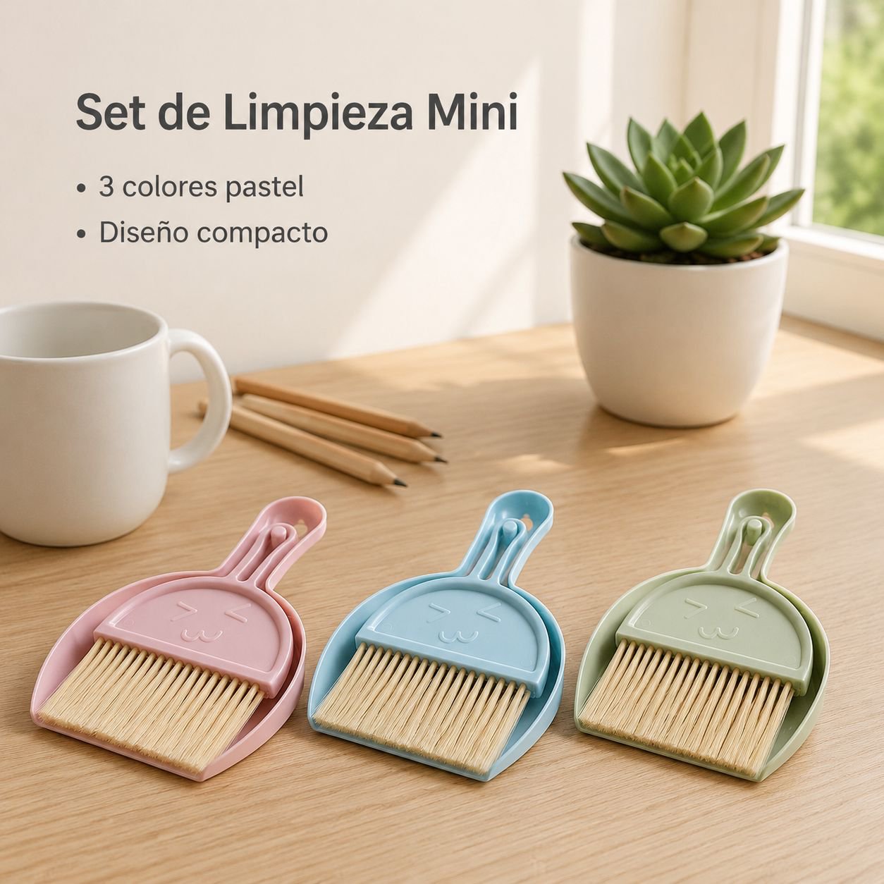 Juego de recogedor y escoba de escritorio en miniatura