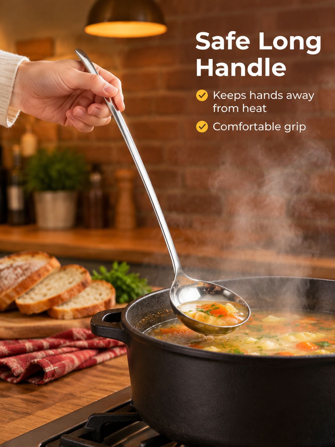 Stainless steel long-handled soup ladle