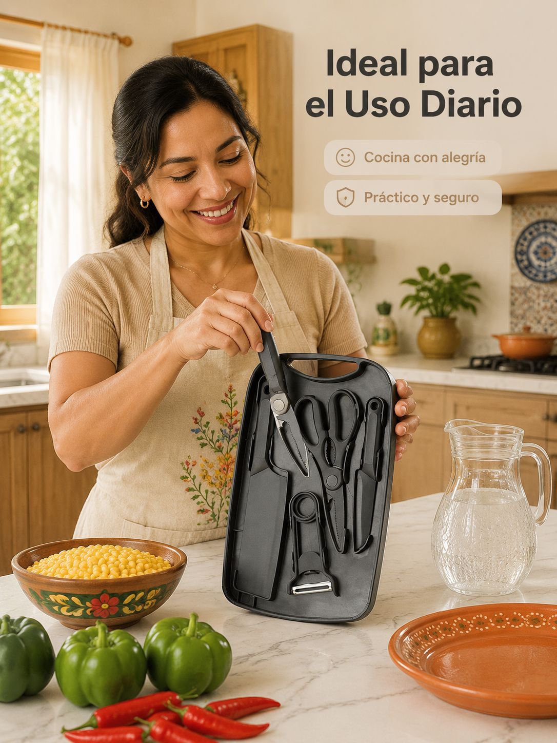 Juego de 5 piezas de cuchillos con tabla de cortar y almacenamiento multifuncional