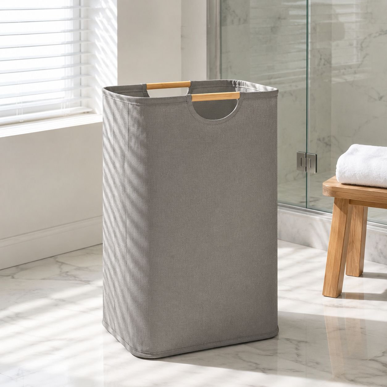 Foldable large laundry hamper in modern bathroom