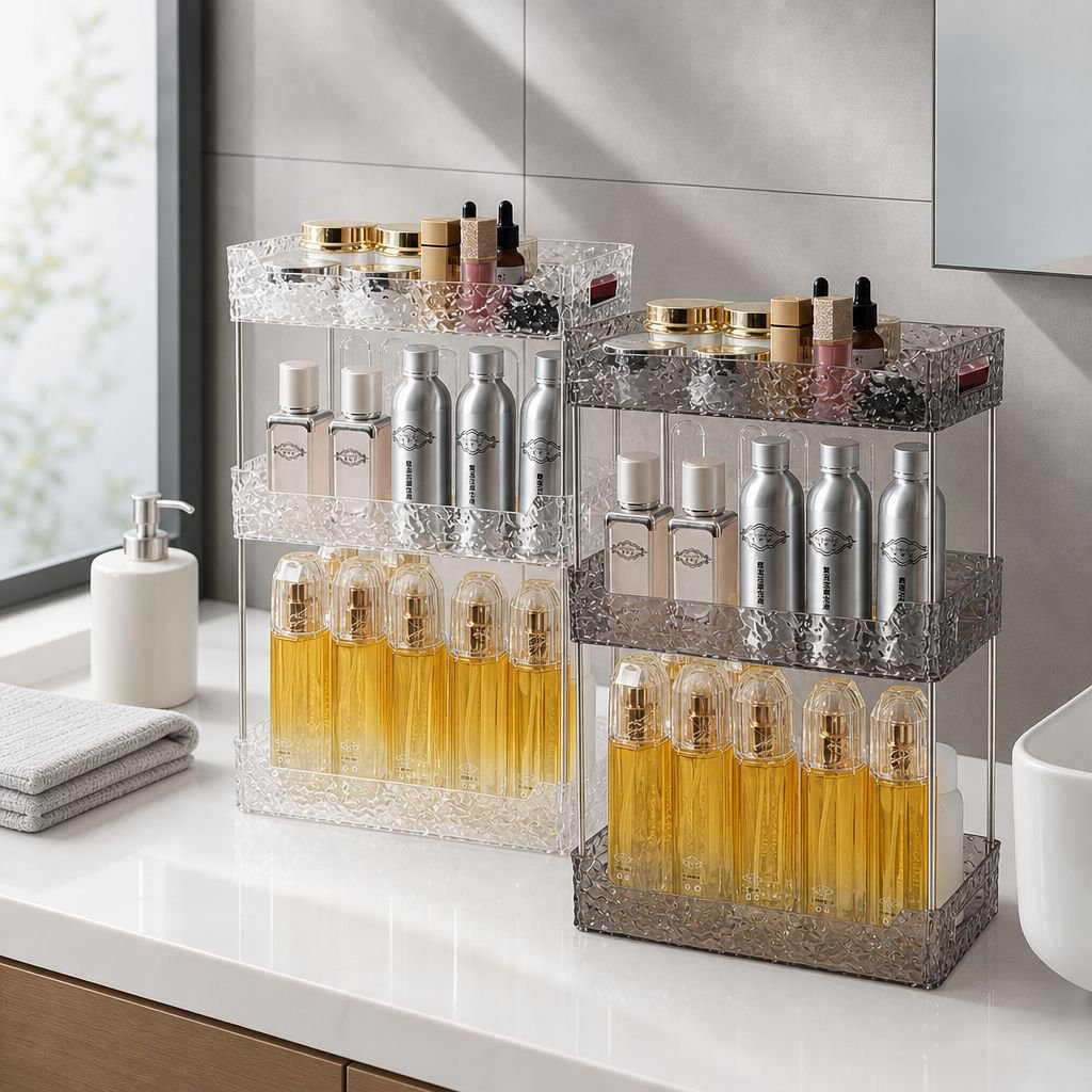 Space-saving cosmetics storage rack for bathroom