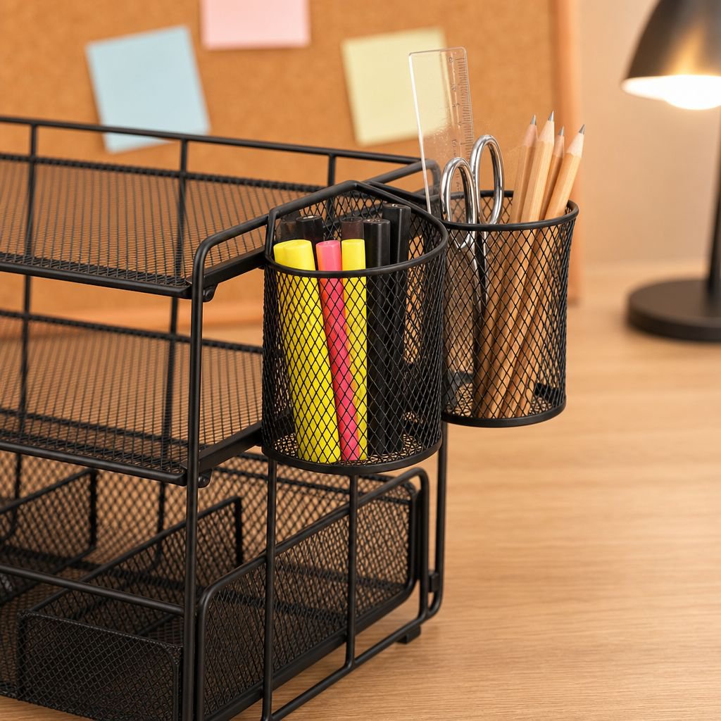 Office supplies neatly arranged in file storage box