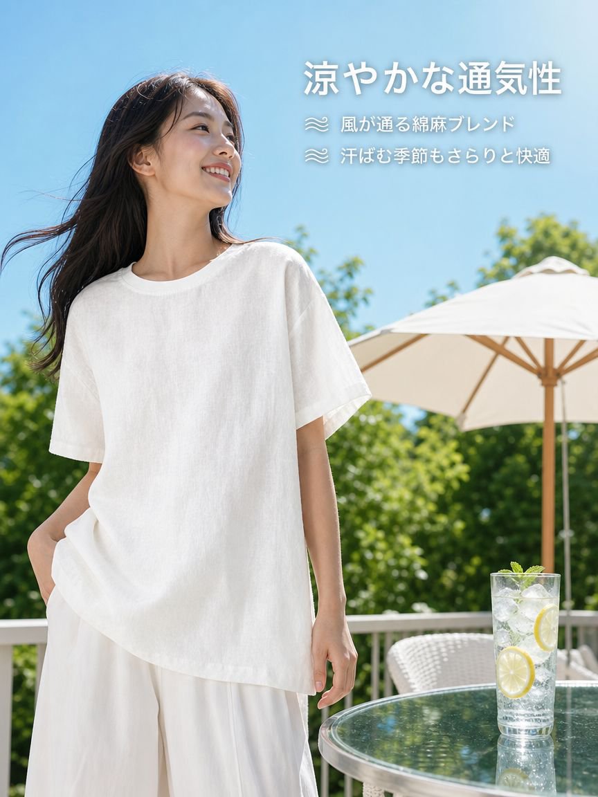 無地ゆったり通気性レディースTシャツ