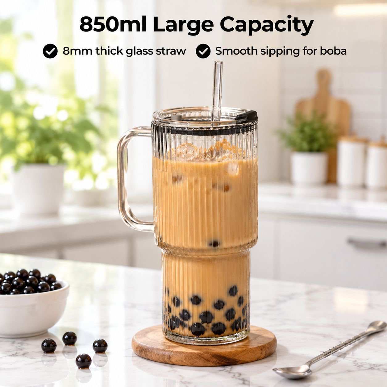 Large Glass Cup with Straw and Handle