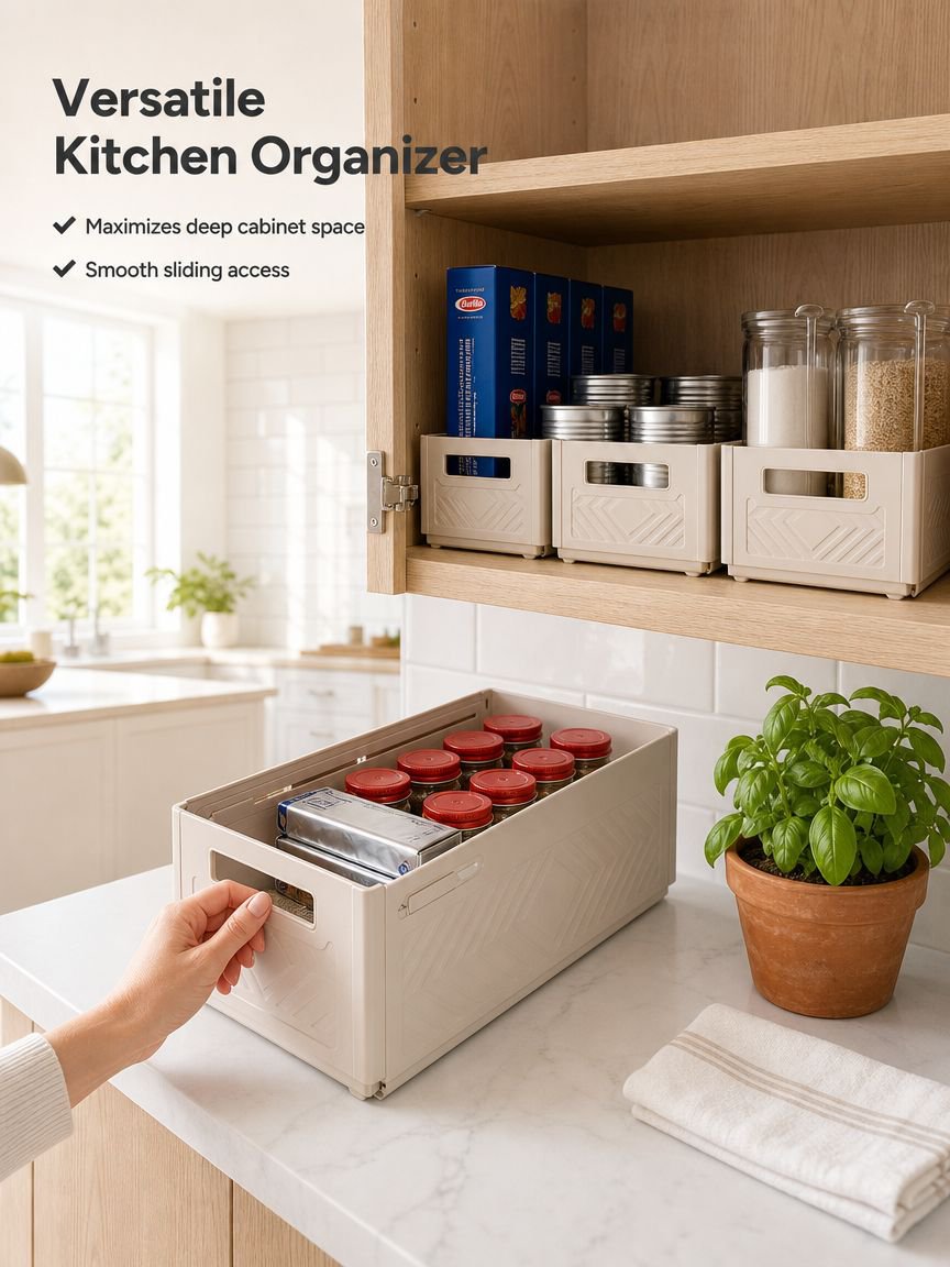 Cabinet storage box, drawer-style extendable desktop snack and sundry kitchen organizer, deep cabine