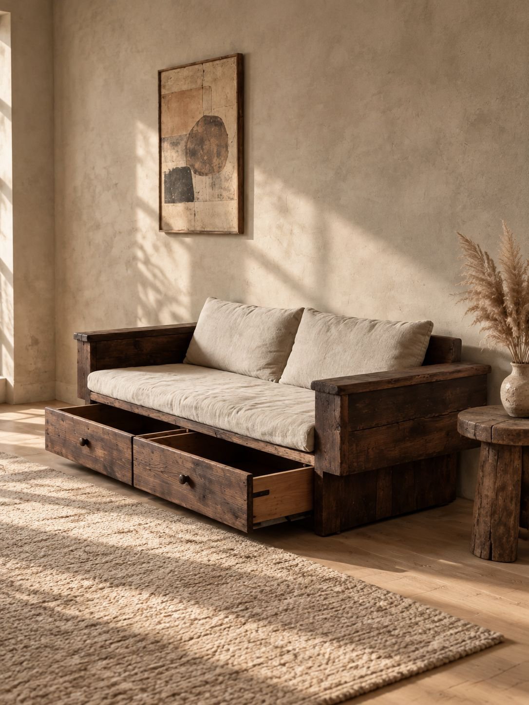 Massivholzsofa im Wabi-Sabi-Stil mit Antik-Finish und Schubladen-Stauraum