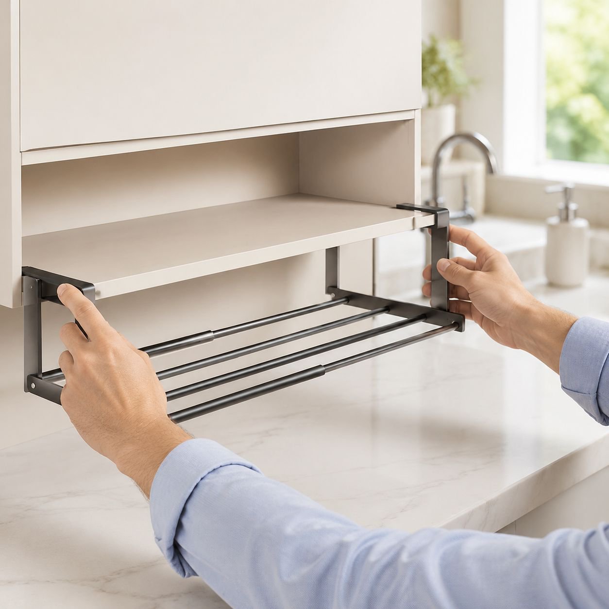 No damage adhesive bathroom organizer shelf in use