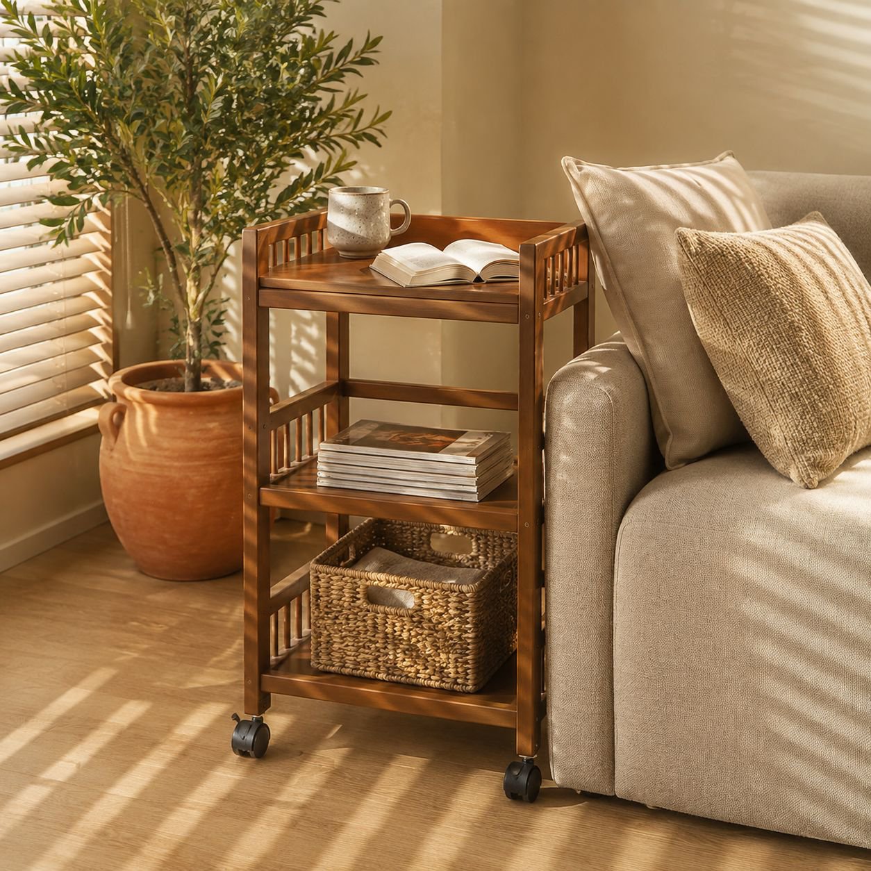Carrito multifuncional de madera maciza con ruedas, ideal para almacenar té y refrigerios