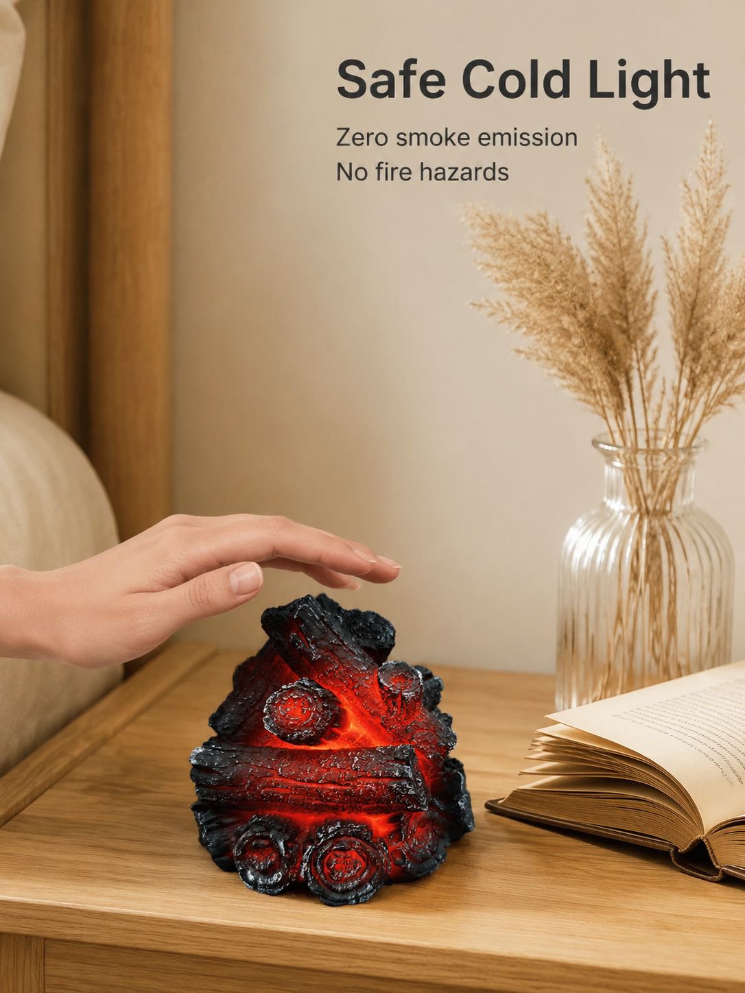 Resin Faux Charcoal LED Ambient Light, Charcoal Pile Design with Soft Flame Effect, Battery-Powered