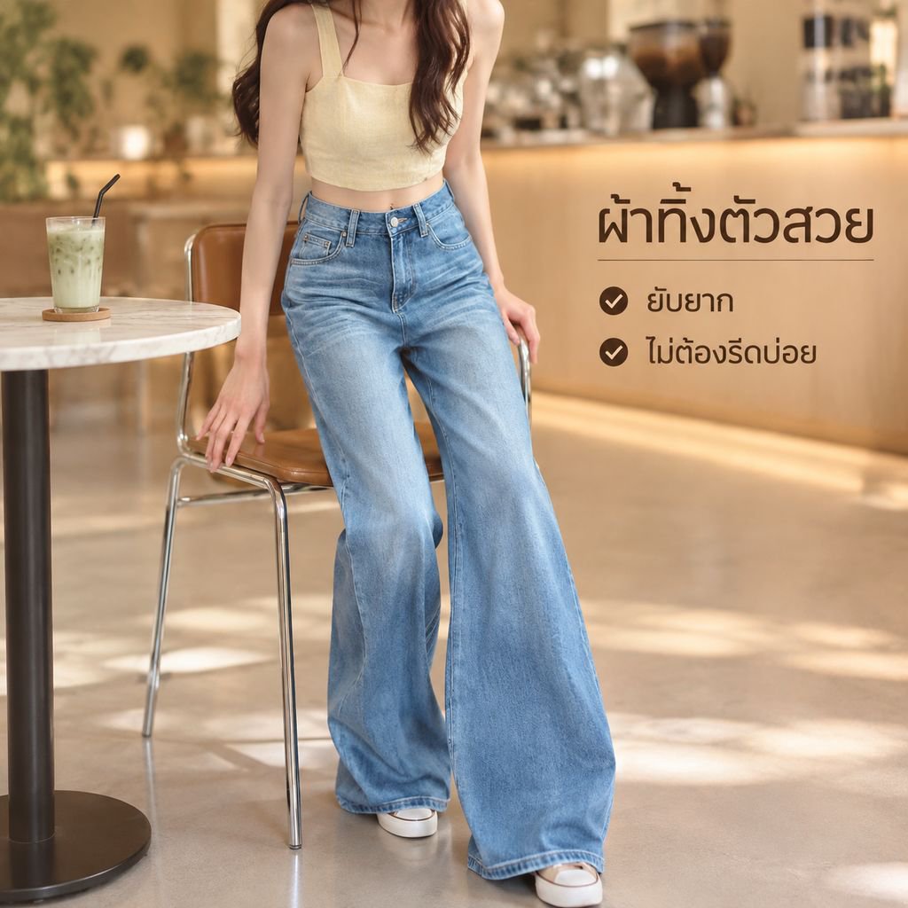 กางเกงยีนส์ขาตรงผู้หญิงเอวสูงแฟชั่นทรงหลวม