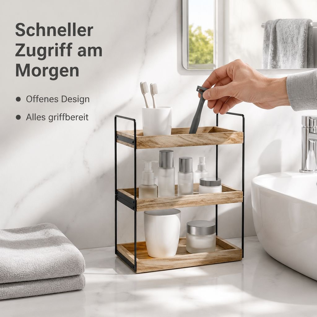 Mehrschichtiges Aufbewahrungssystem für Badezimmerprodukte aus Eisen und Holz