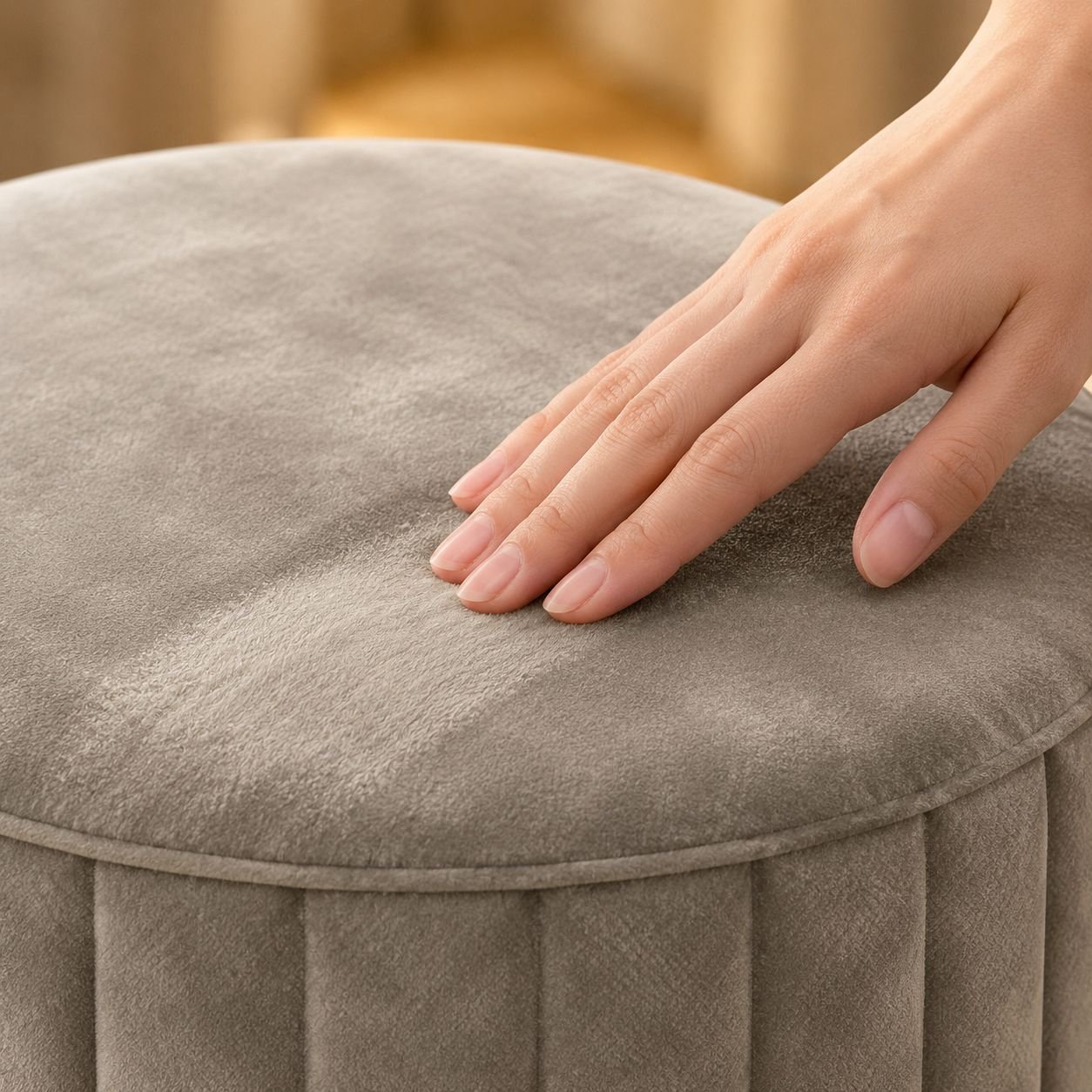 Round storage stool used as vanity seat