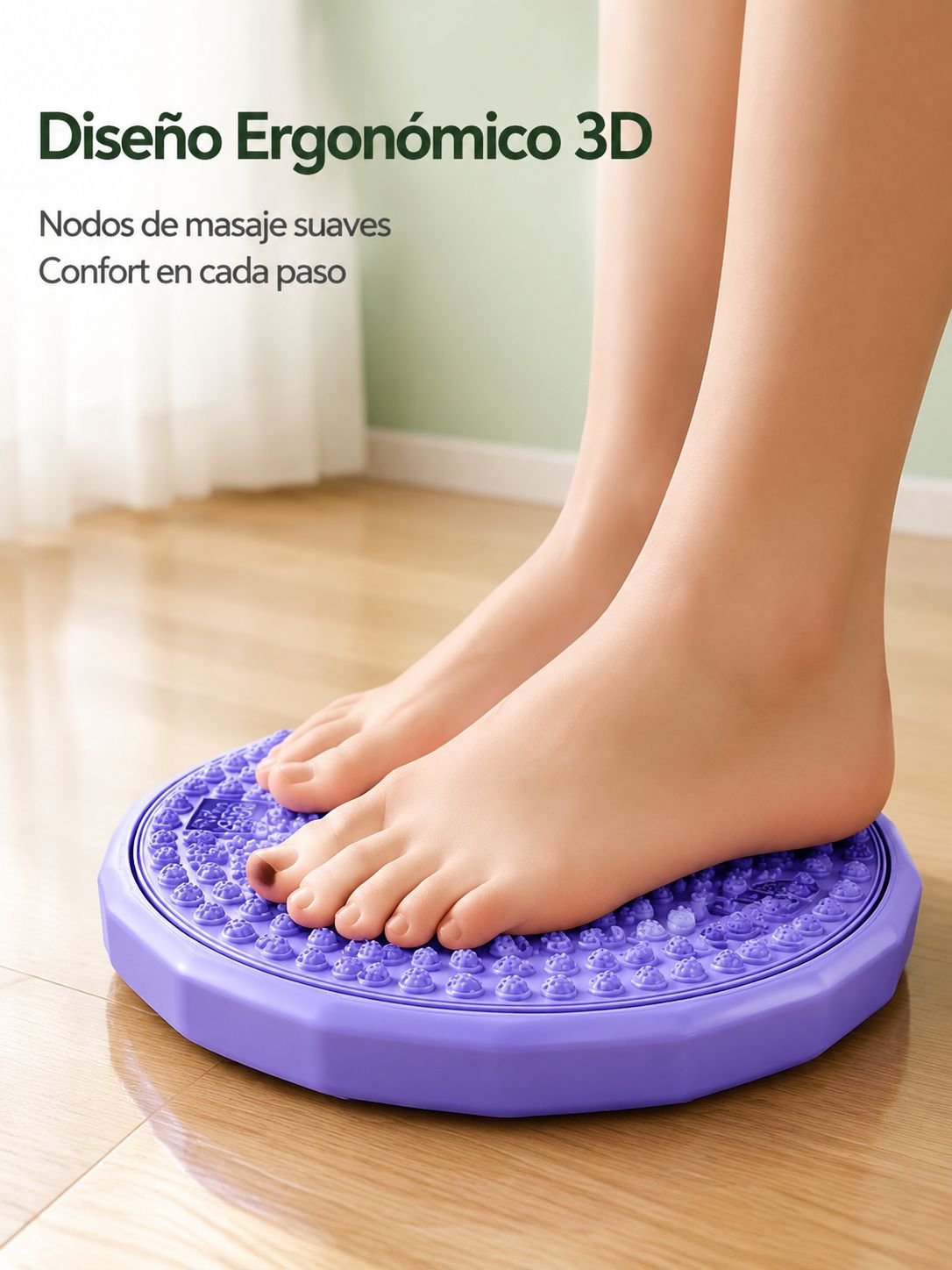 Persona utilizando tabla de masaje para pies en casa