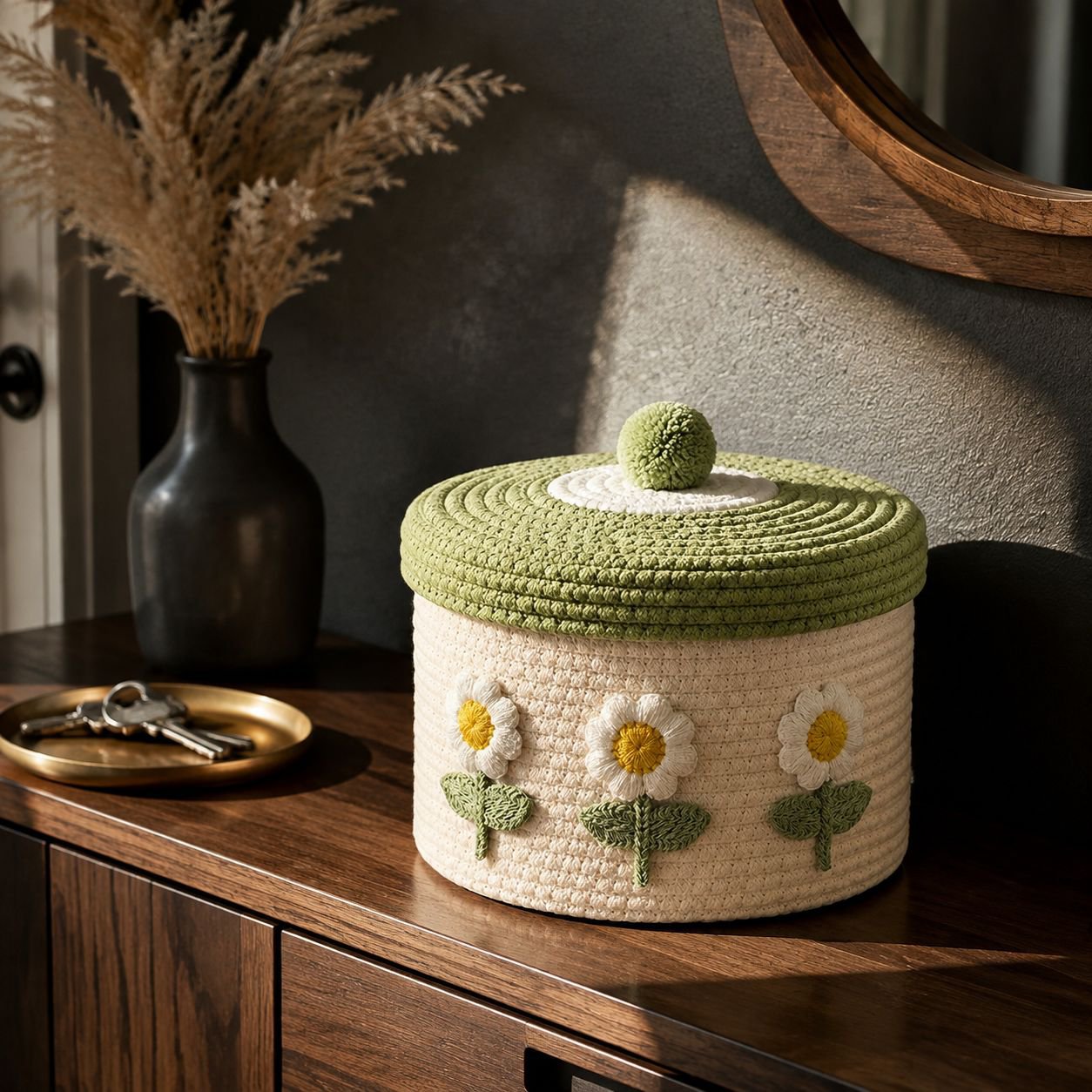 Close-up of cotton woven texture on storage basket