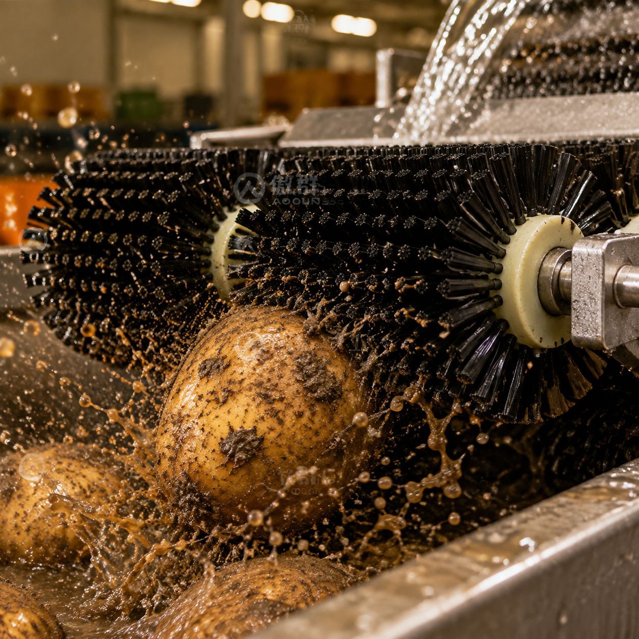 Rodillo limpiador agrícola para frutas y verduras en uso