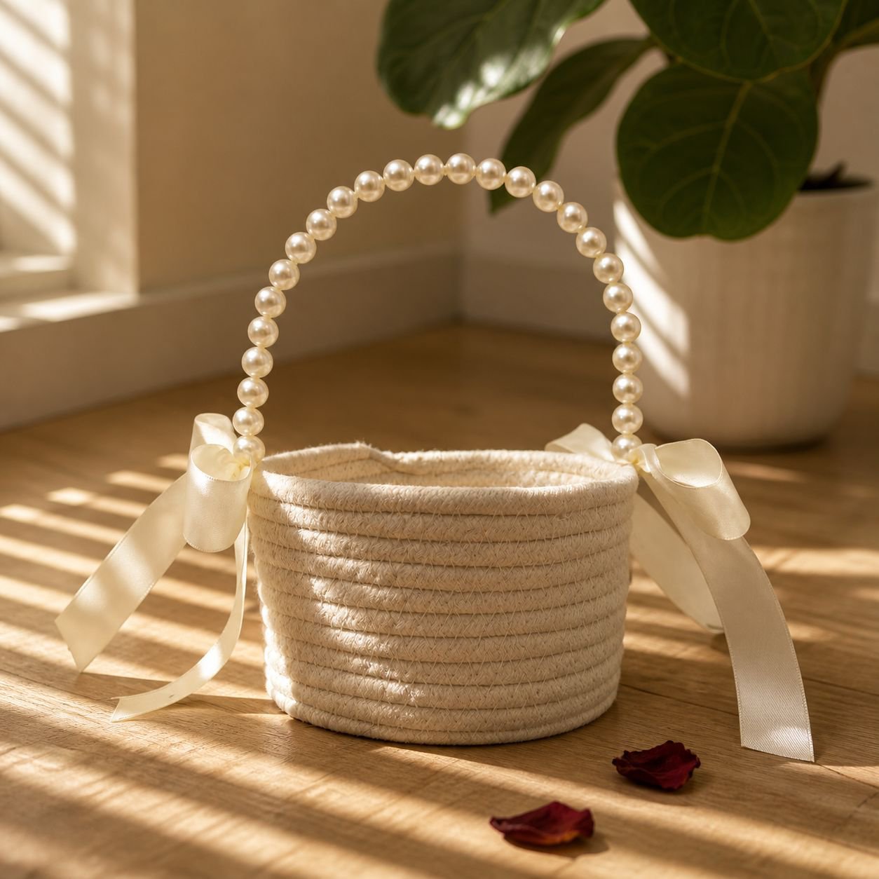 Unique wedding flower basket with rope and flowers
