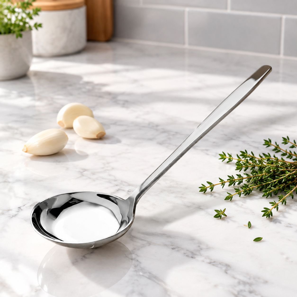 Stainless steel long-handled soup ladle