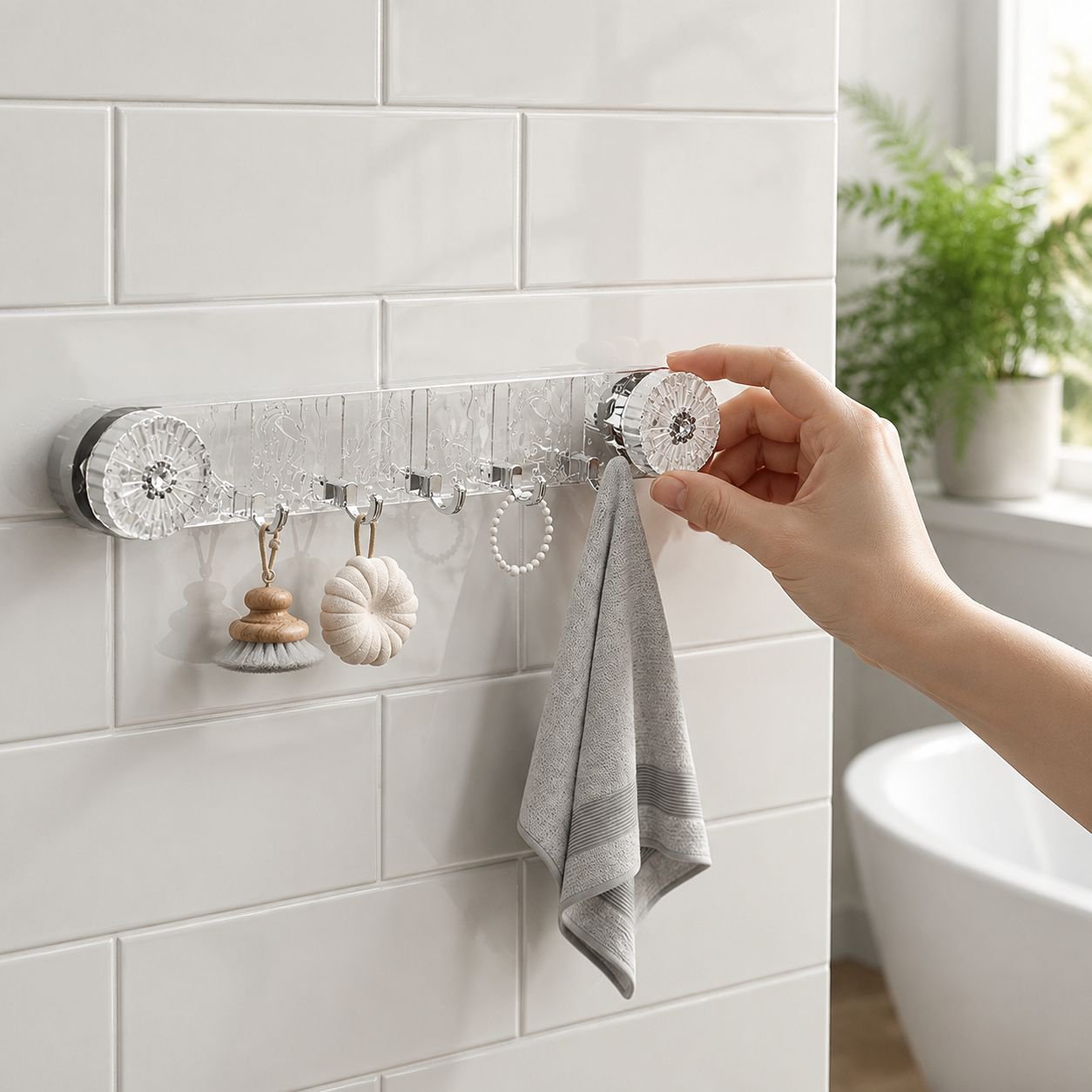 Multiple suction cup hooks used for organizing accessories