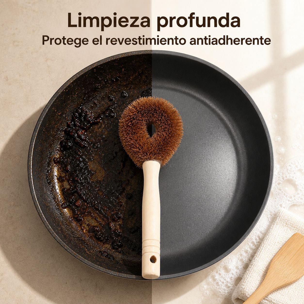 Detalle del mango largo ergonómico del cepillo para ollas