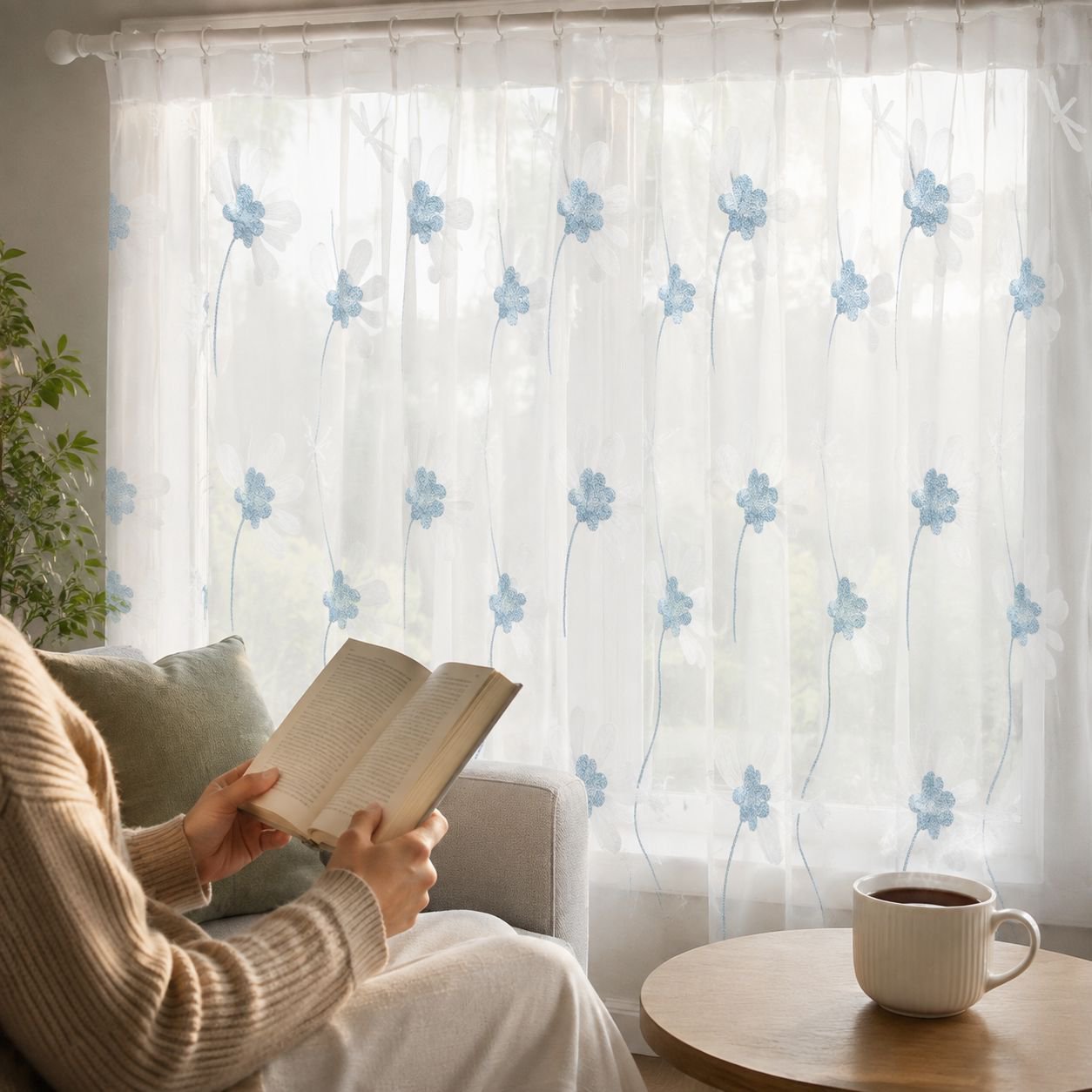 Window screen with chrysanthemum embroidery, simple and transparent modern fabric, suitable for livi