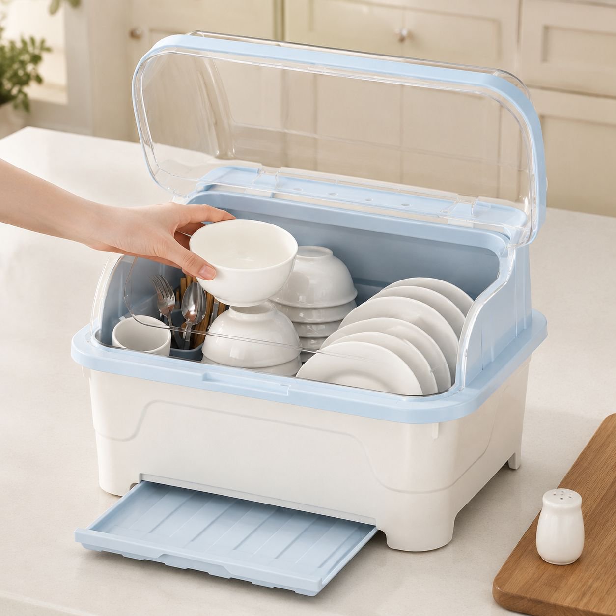 Boîte de rangement pour bols et assiettes avec couvercle, support pour couverts, cuisine