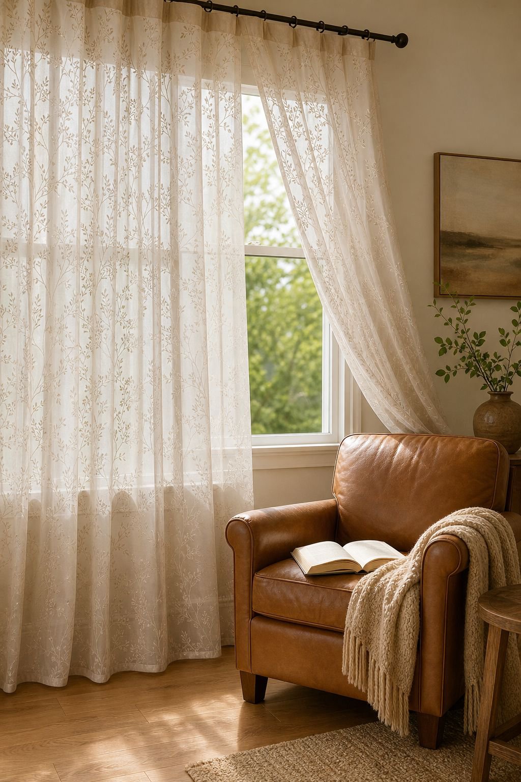 Decorative tree branch design on curtain fabric