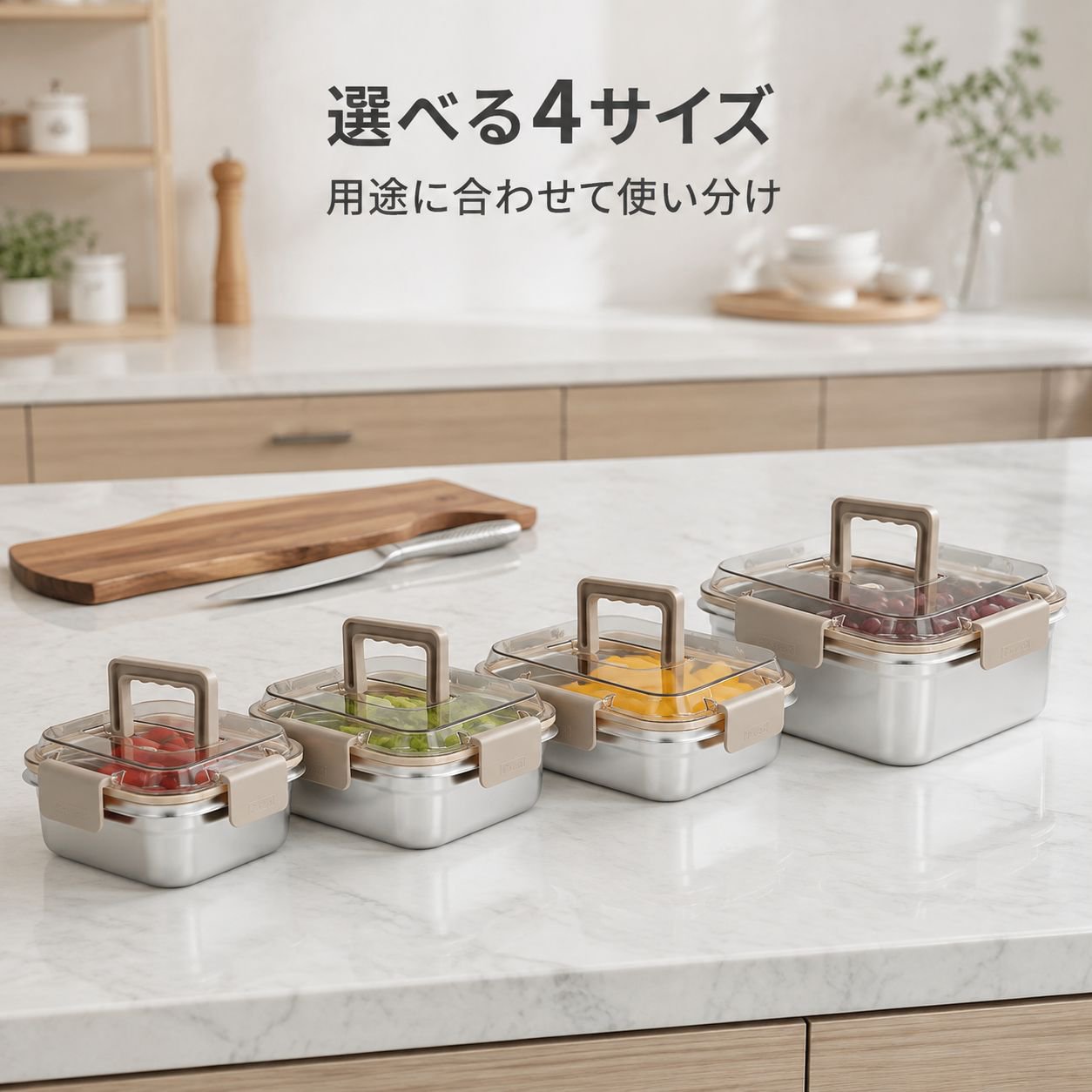 取っ手付きステンレス製食品保存容器