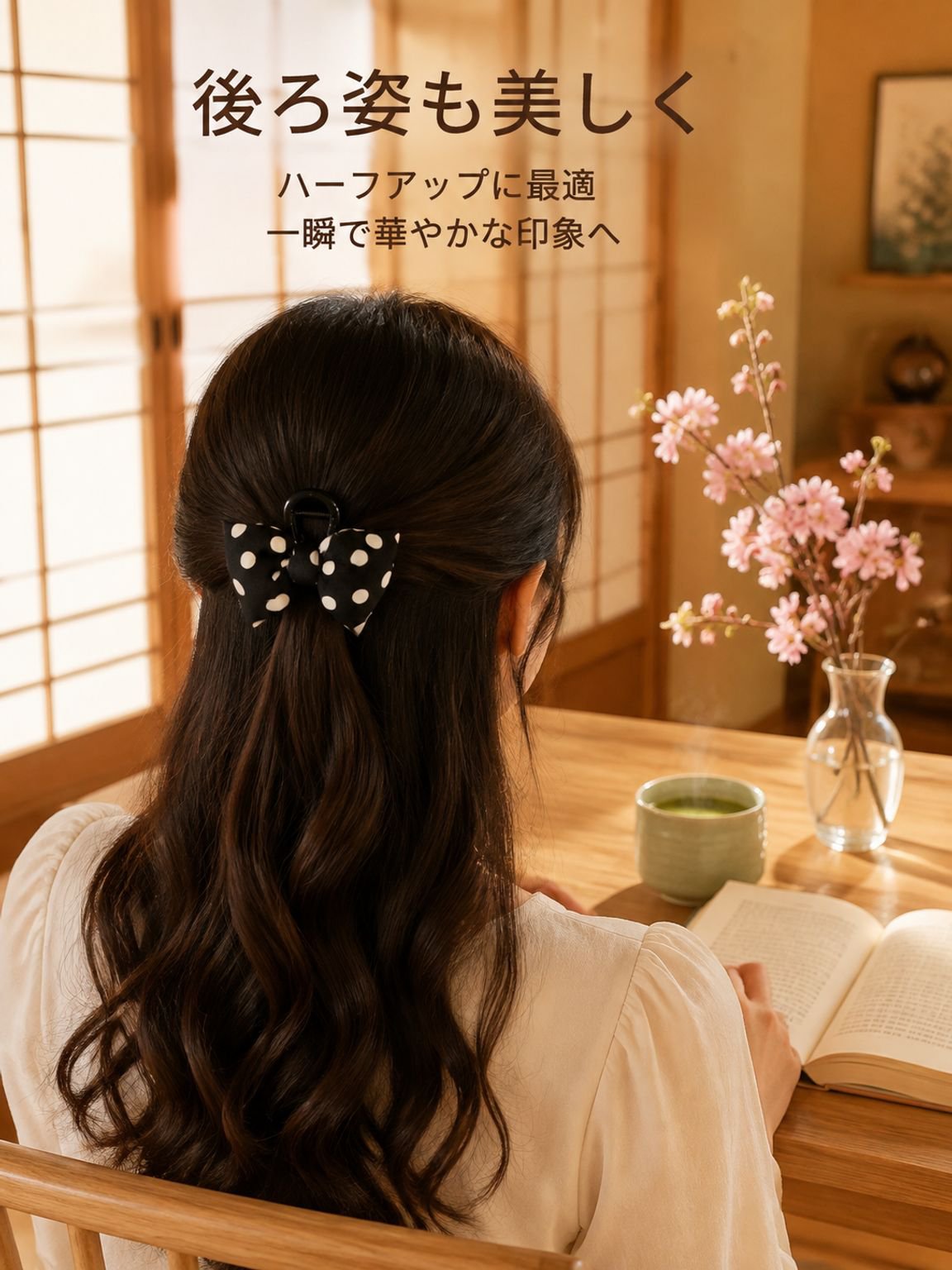 上品な水玉リボンヘアクリップ