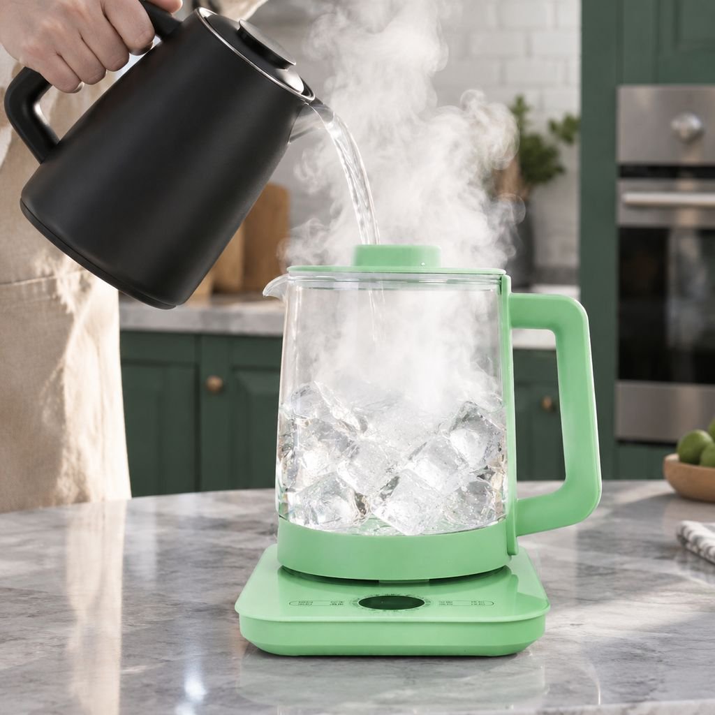 Electric kettle making herbal tea in glass pot