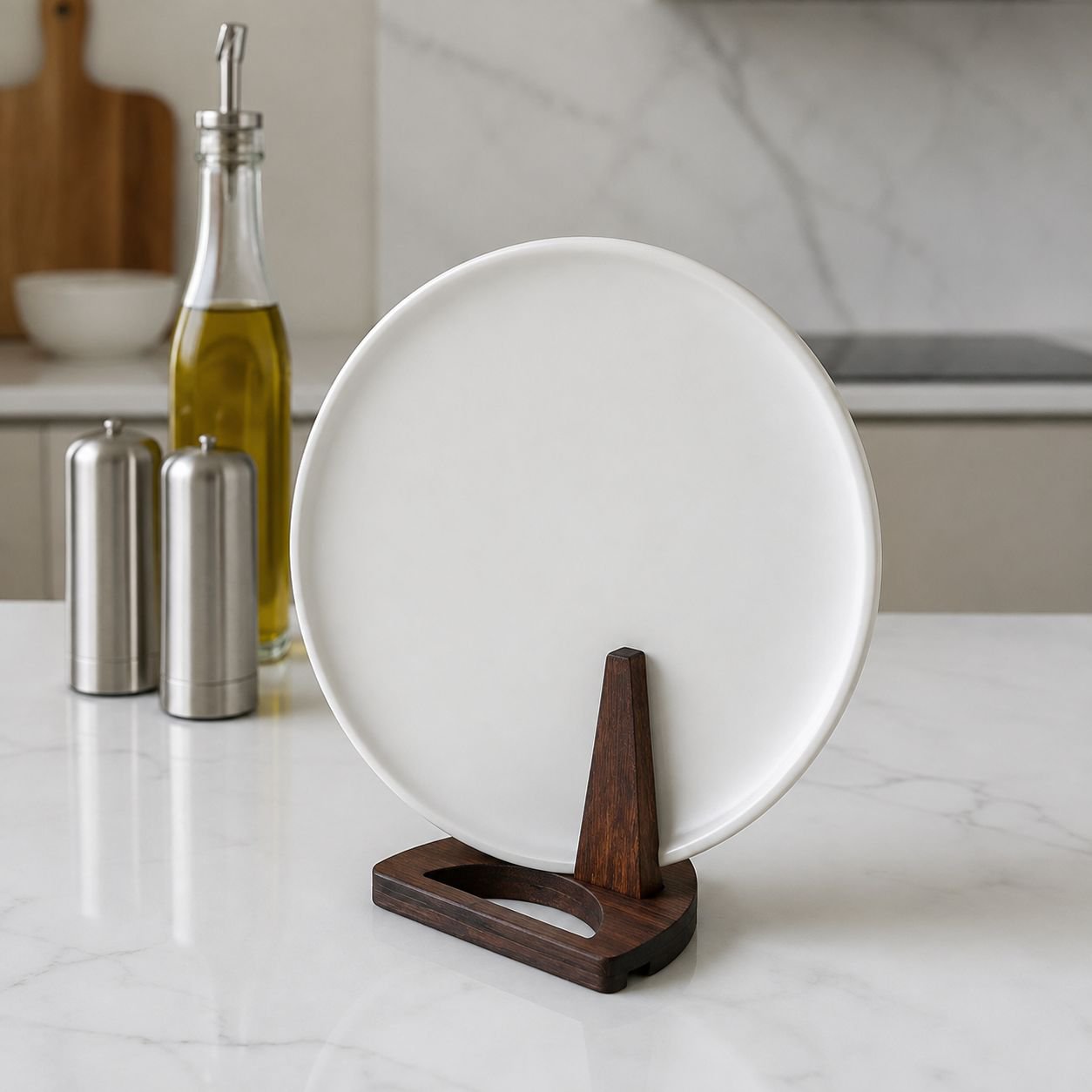 Eco-friendly bamboo plate organizer on kitchen counter