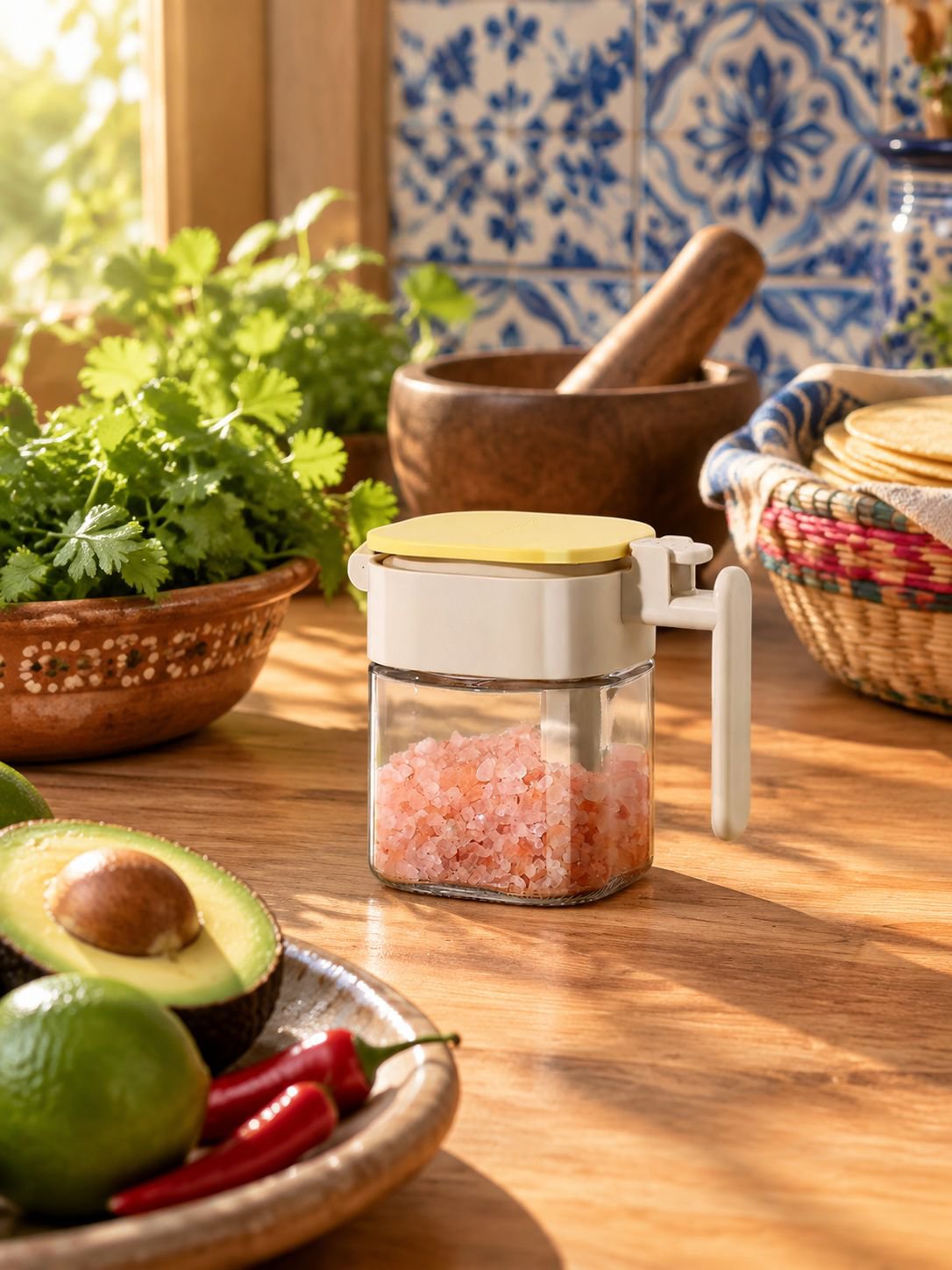 Bote de especias con cuchara separada y tapa sellada