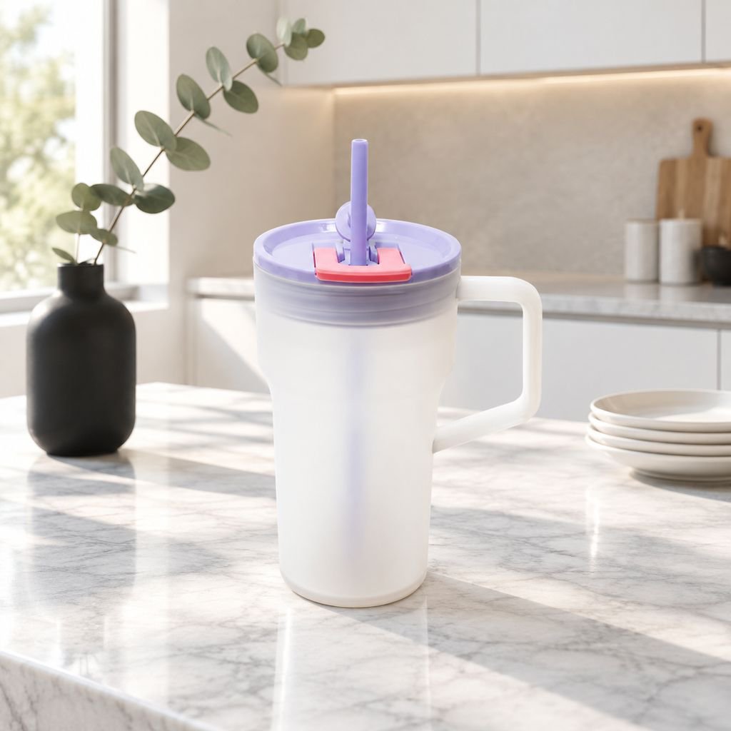 Stylischer Becher mit zwei Trinköffnungen und Strohhalm