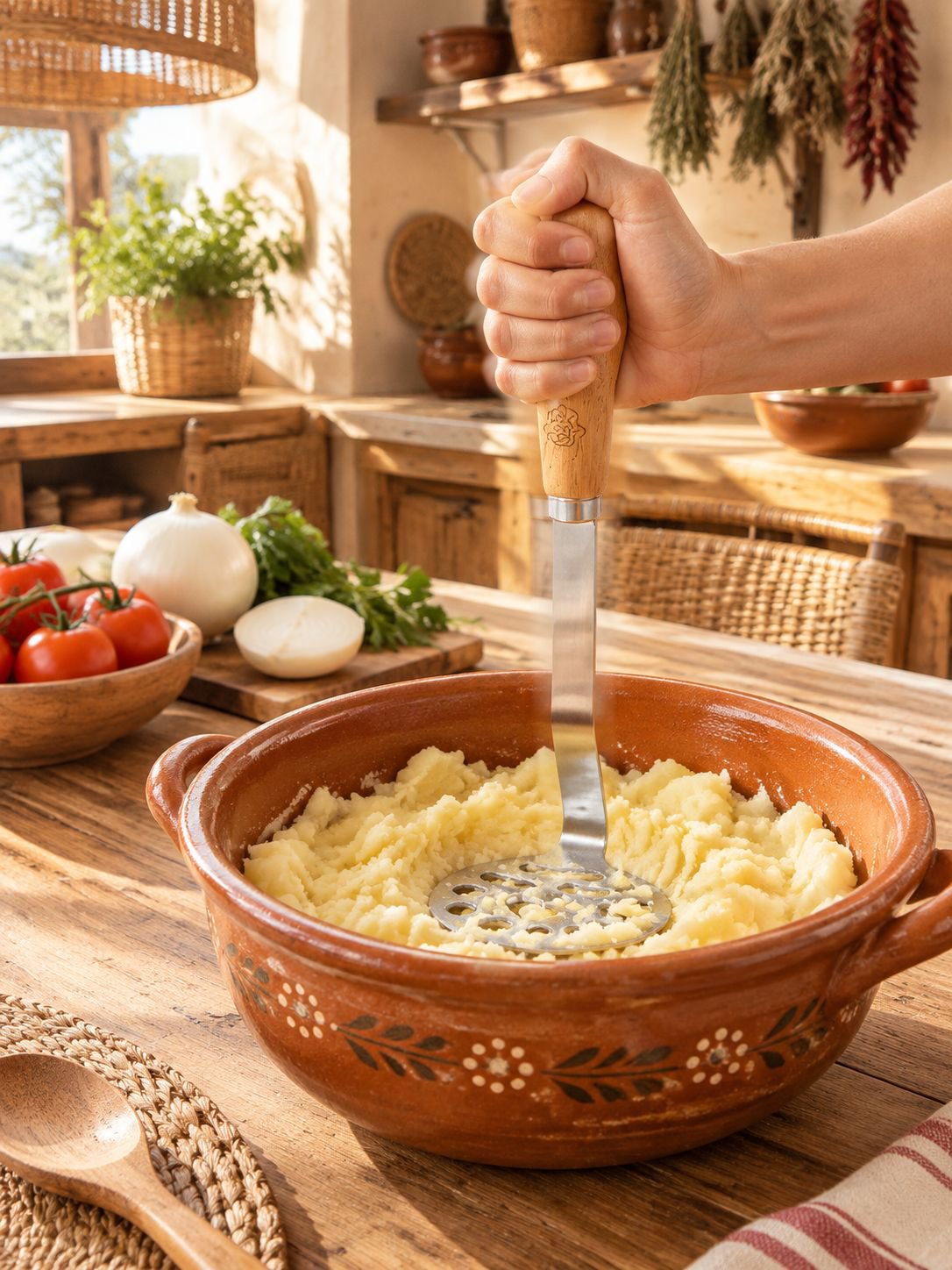 Prensador de papas con mango ergonómico para mayor comodidad durante el uso