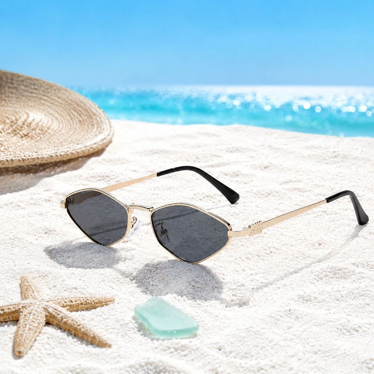 Ocean-Themed Small Square Sunglasses for Women